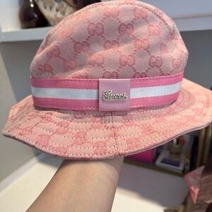 Gucci Pink Monogram Bucket Hat with Striped Band